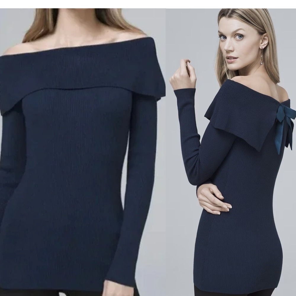 White House Black Market Womens Off Shoulder Bow Back Ribbed Sweater Medium Blue